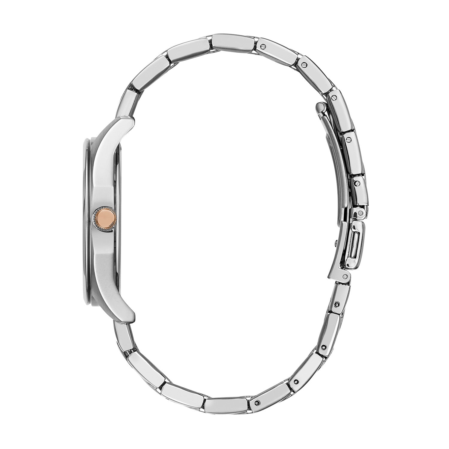 Side profile of the Caravelle by Bulova 45L178, highlighting the sleek stainless steel case and the seamless integration of the bracelet.