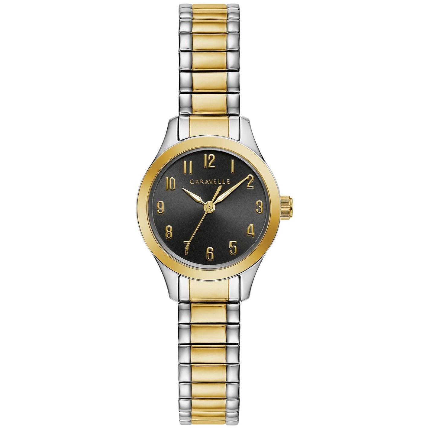 Caravelle by Bulova 45L185 women's watch showcasing a black dial with gold-tone Arabic numerals and luminous hands, complemented by a two-tone stainless steel expansion bracelet.​