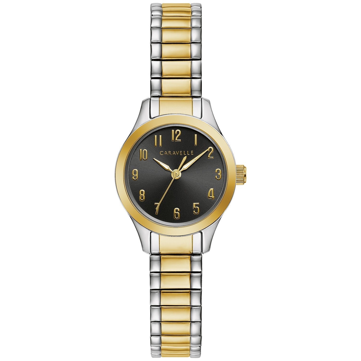 Caravelle by Bulova 45L185 women's watch showcasing a black dial with gold-tone Arabic numerals and luminous hands, complemented by a two-tone stainless steel expansion bracelet.​