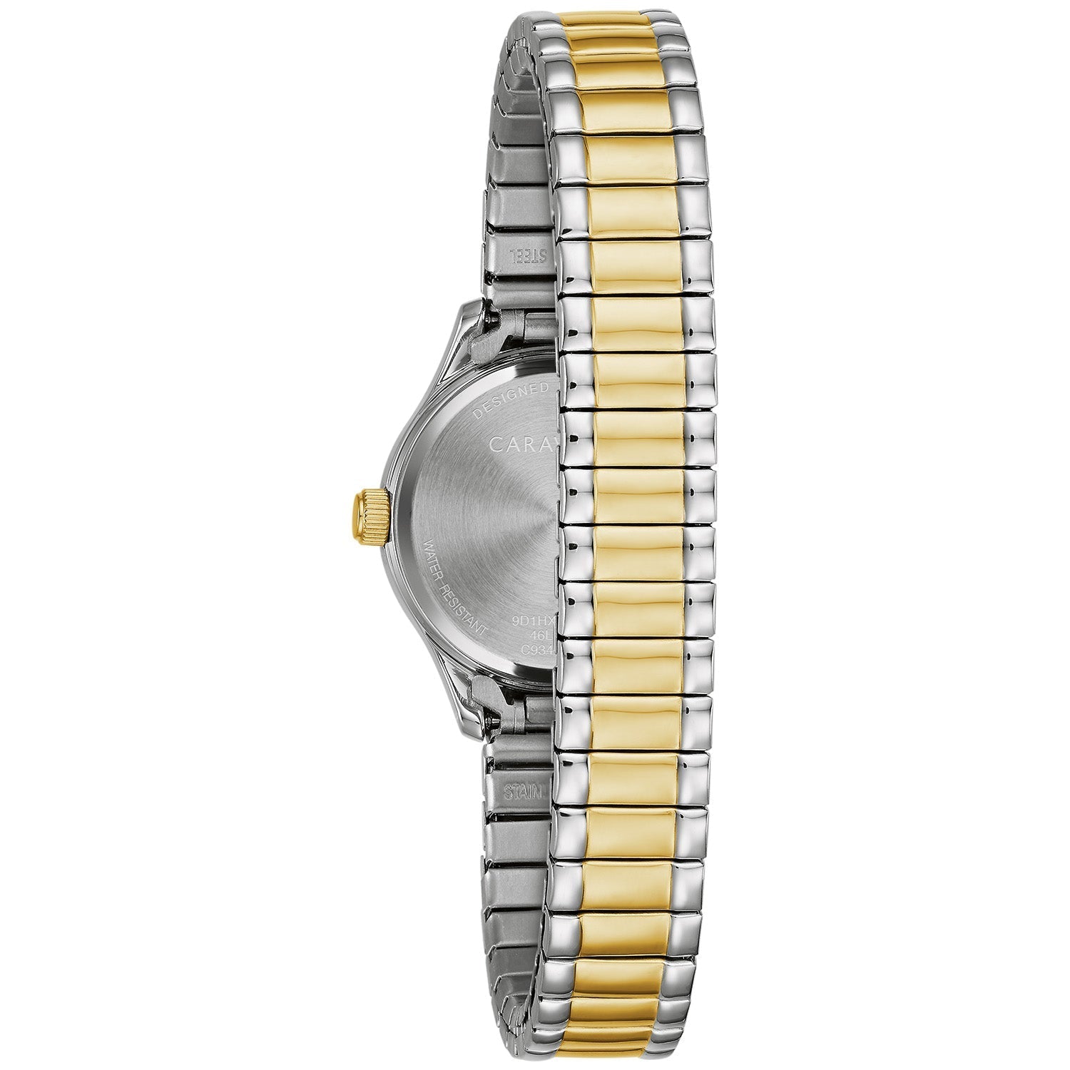 Back view of the Caravelle by Bulova 45L185, displaying the stainless steel case back with engraved brand logo.​