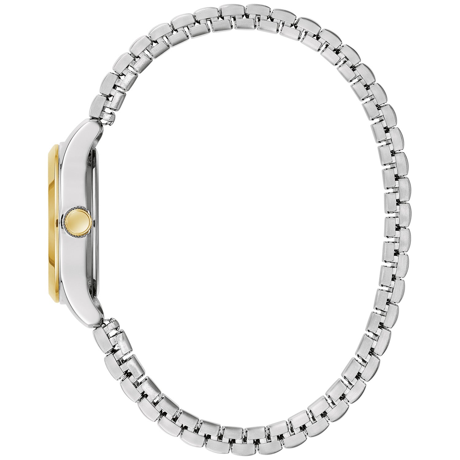 Profile view of the Caravelle by Bulova 45L185, highlighting the sleek two-tone case and the flexibility of the expansion bracelet.