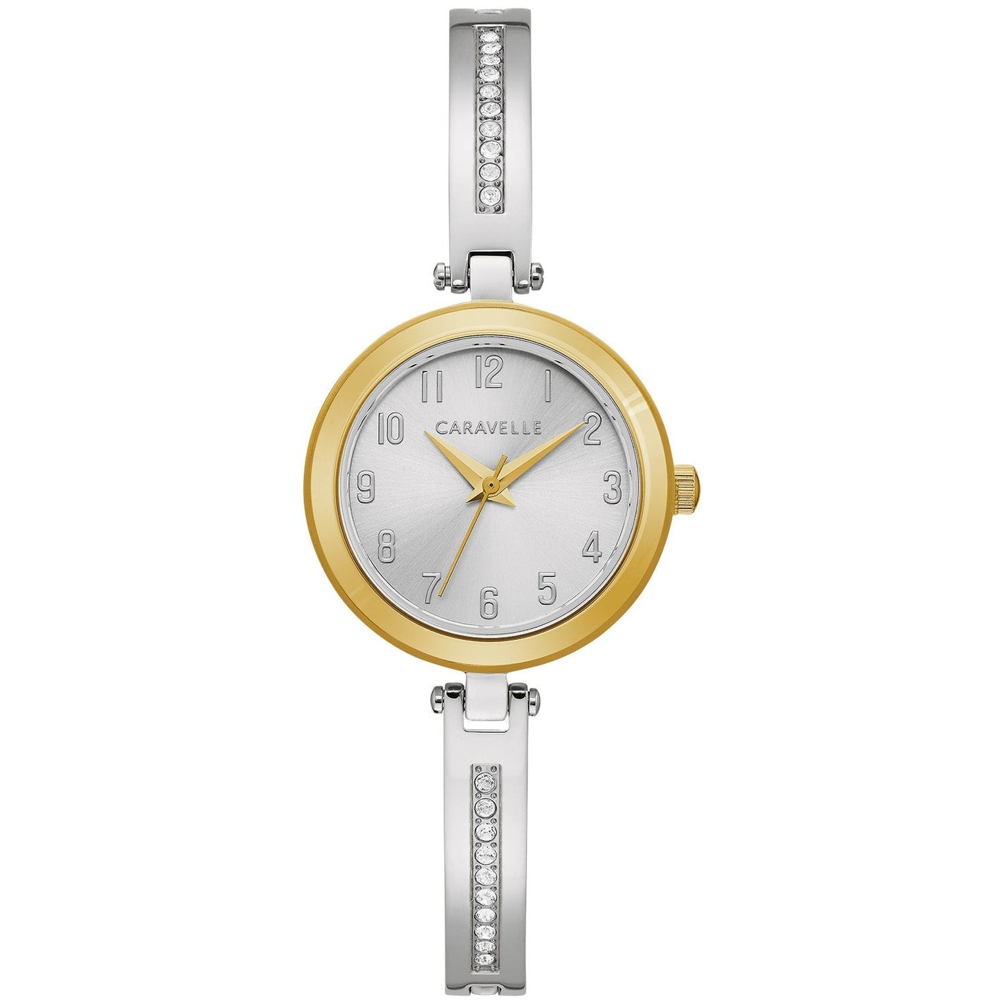 Caravelle by Bulova 45X101 women's watch with a two-tone stainless steel case, silver-white dial, and gold-tone accents—front view.​