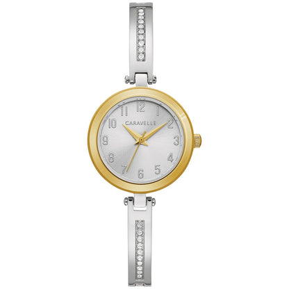 Caravelle by Bulova 45X101 women's watch with a two-tone stainless steel case, silver-white dial, and gold-tone accents—front view.​
