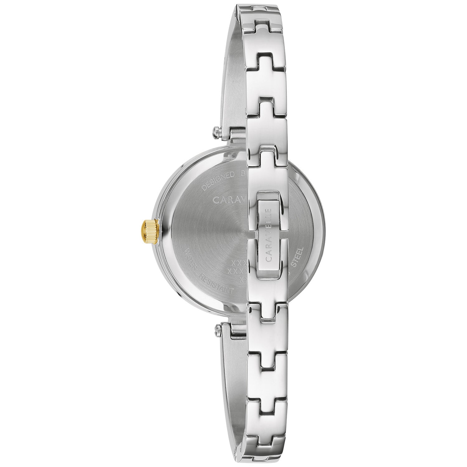 Back view of the Caravelle by Bulova 45X101, highlighting the stainless steel bracelet and clasp.​