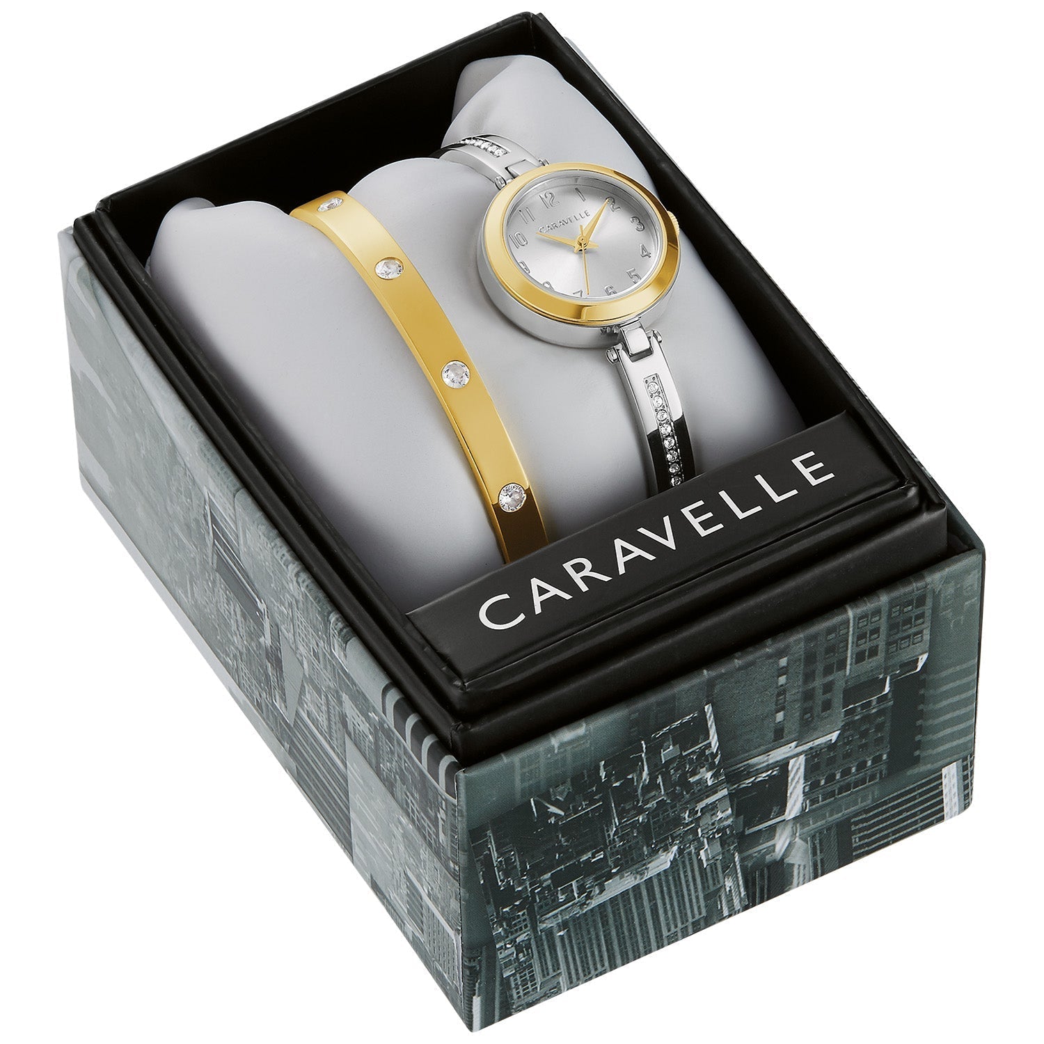 Caravelle by Bulova 45X101 packaging featuring a branded box with the watch and matching crystal-accented bangle bracelet.​