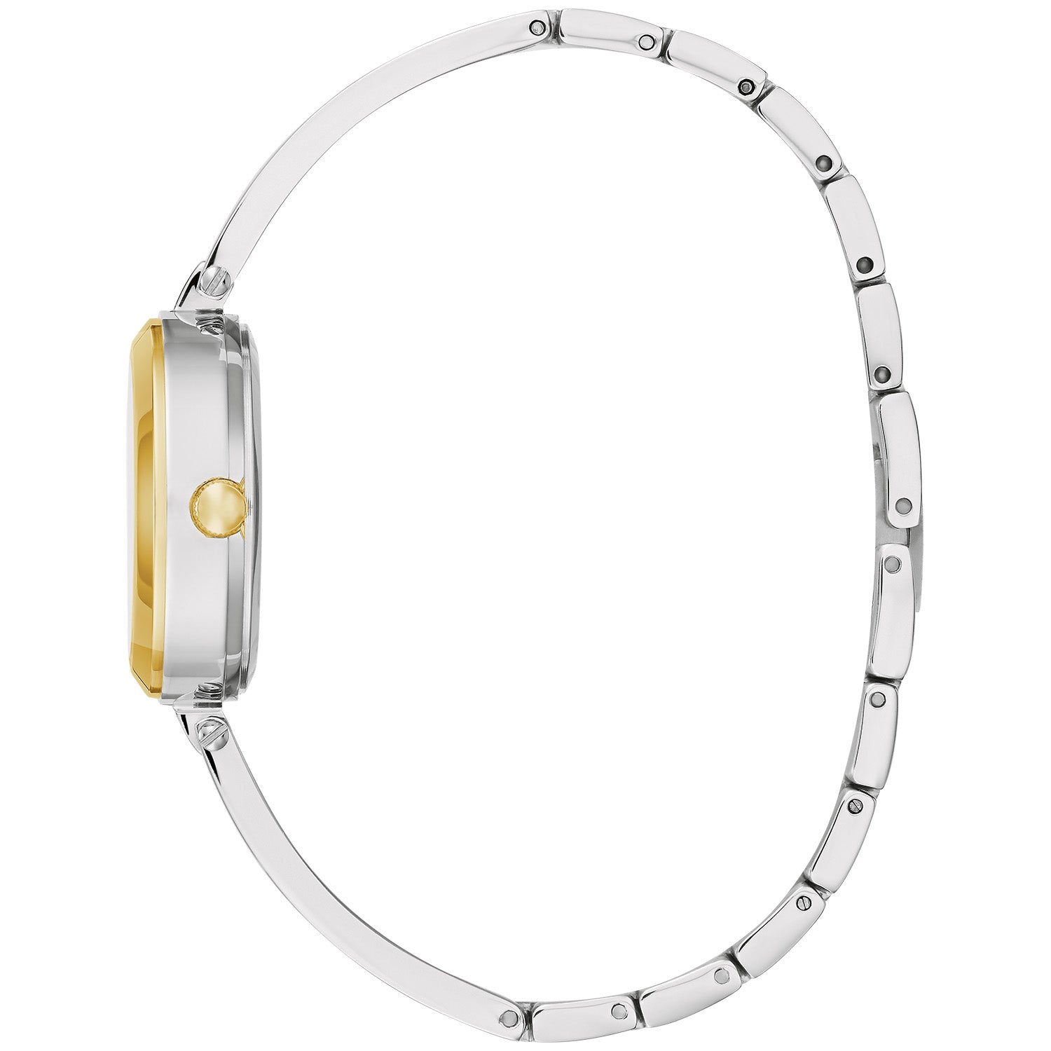 Side profile of the Caravelle by Bulova 45X101, showcasing the sleek two-tone case and crystal-adorned bangle bracelet.​