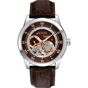 Bulova Classic 96A120 men's watch featuring a brown patterned dial with rose-gold accents and a brown leather strap—front view.