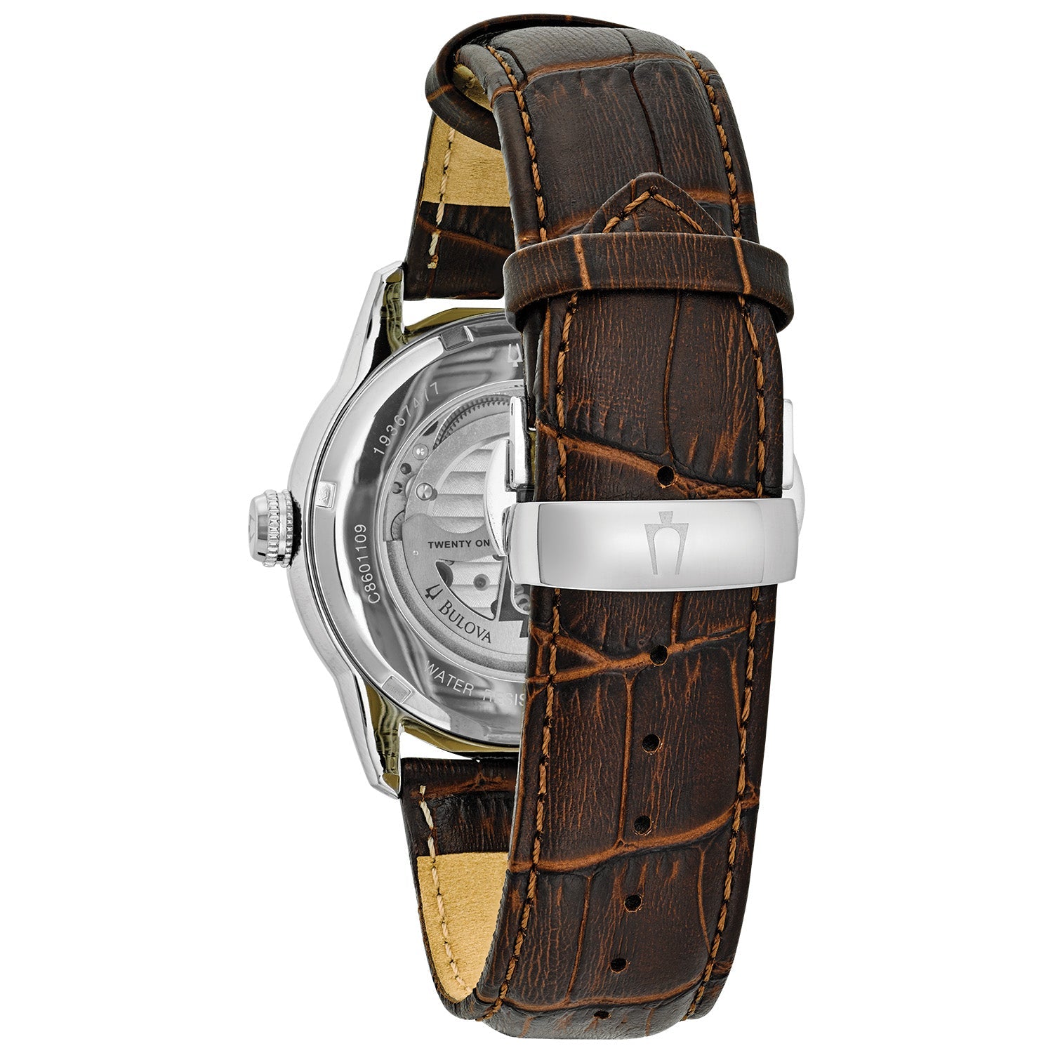 Back view of Bulova Classic 96A120, showcasing the exhibition case back revealing the 21-jewel automatic movement.