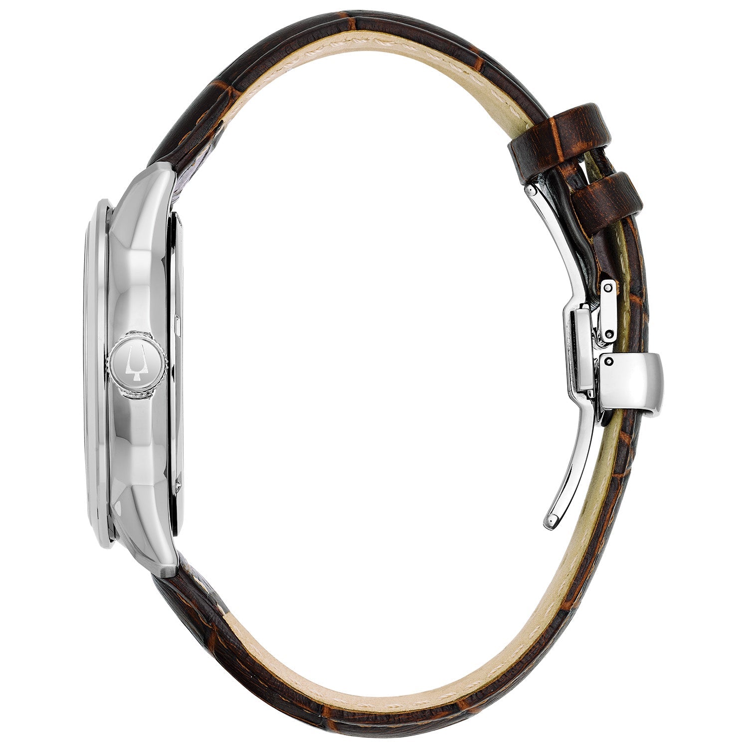 Side profile of Bulova Classic 96A120, highlighting the 42mm stainless steel case and domed mineral crystal.