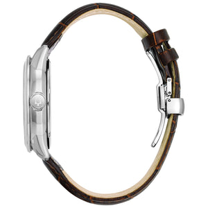 Side profile of Bulova Classic 96A120, highlighting the 42mm stainless steel case and domed mineral crystal.