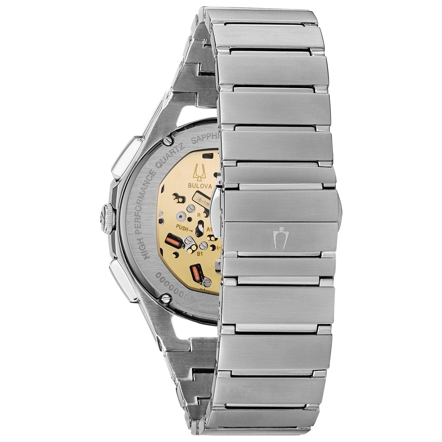 Back view of Bulova 96A205, highlighting the exhibition case back revealing the intricate movement.