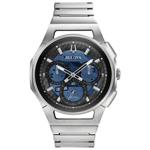 Bulova 96A205 CURV Chronograph watch featuring a stainless steel case and dark blue dial with silver-tone accents—front view.