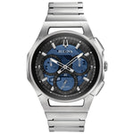 Bulova 96A205 CURV Chronograph watch featuring a stainless steel case and dark blue dial with silver-tone accents—front view.