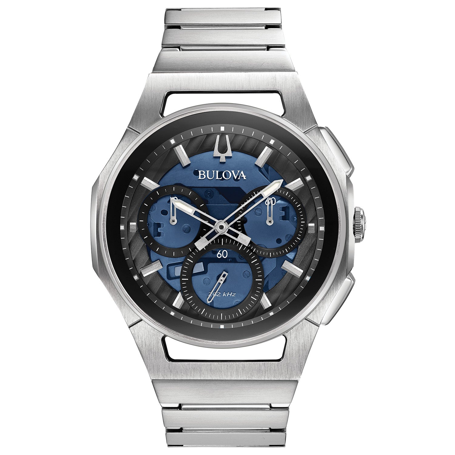 Bulova 96A205 CURV Chronograph watch featuring a stainless steel case and dark blue dial with silver-tone accents—front view.