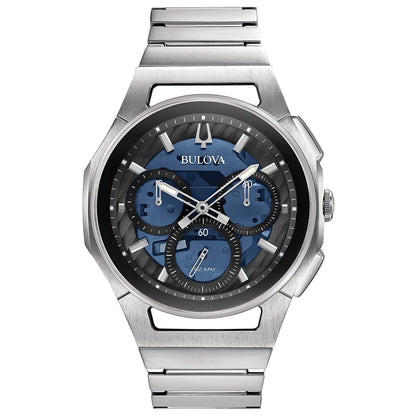 Bulova 96A205 CURV Chronograph watch featuring a stainless steel case and dark blue dial with silver-tone accents—front view.