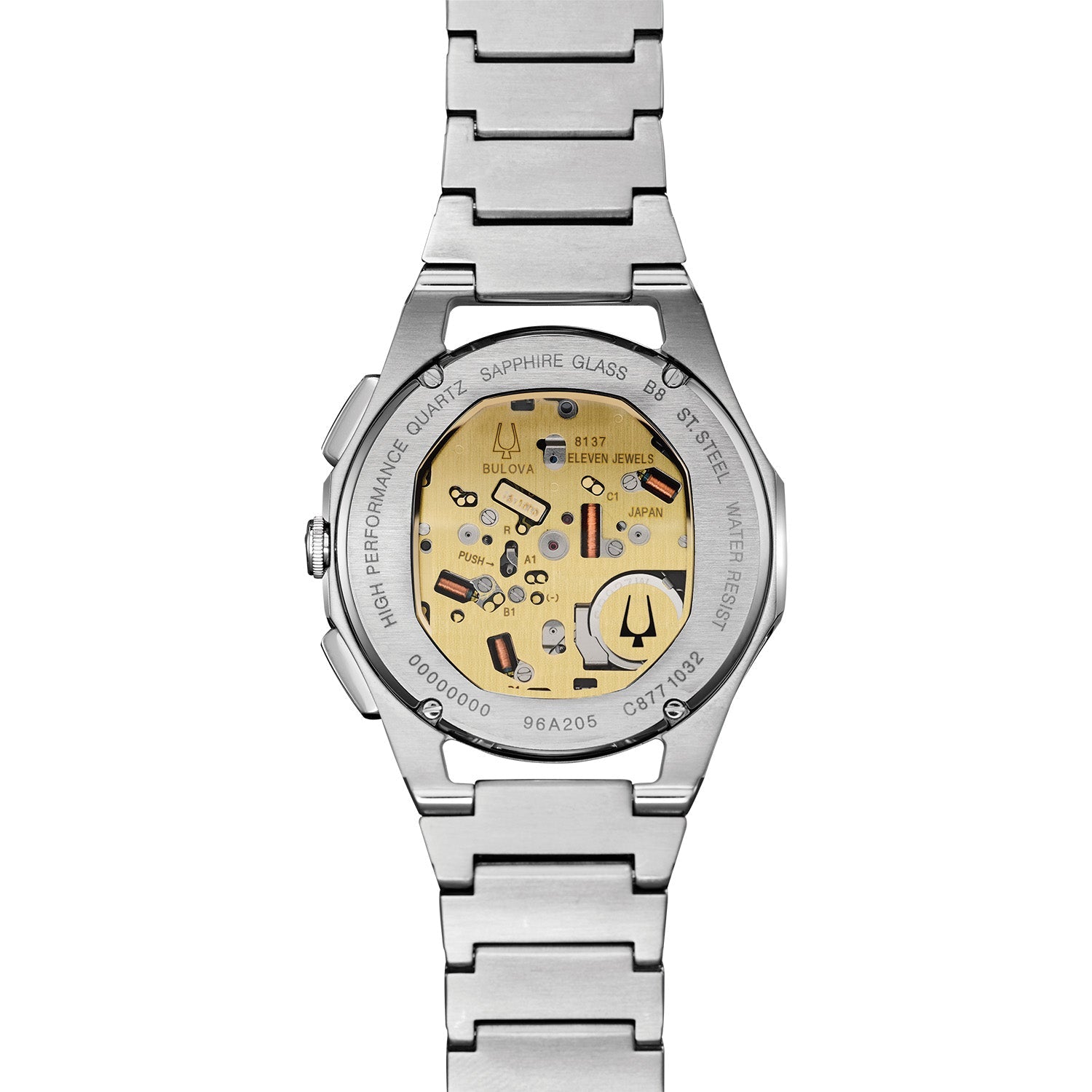 Back view of Bulova 96A205, highlighting the exhibition case back revealing the intricate movement.