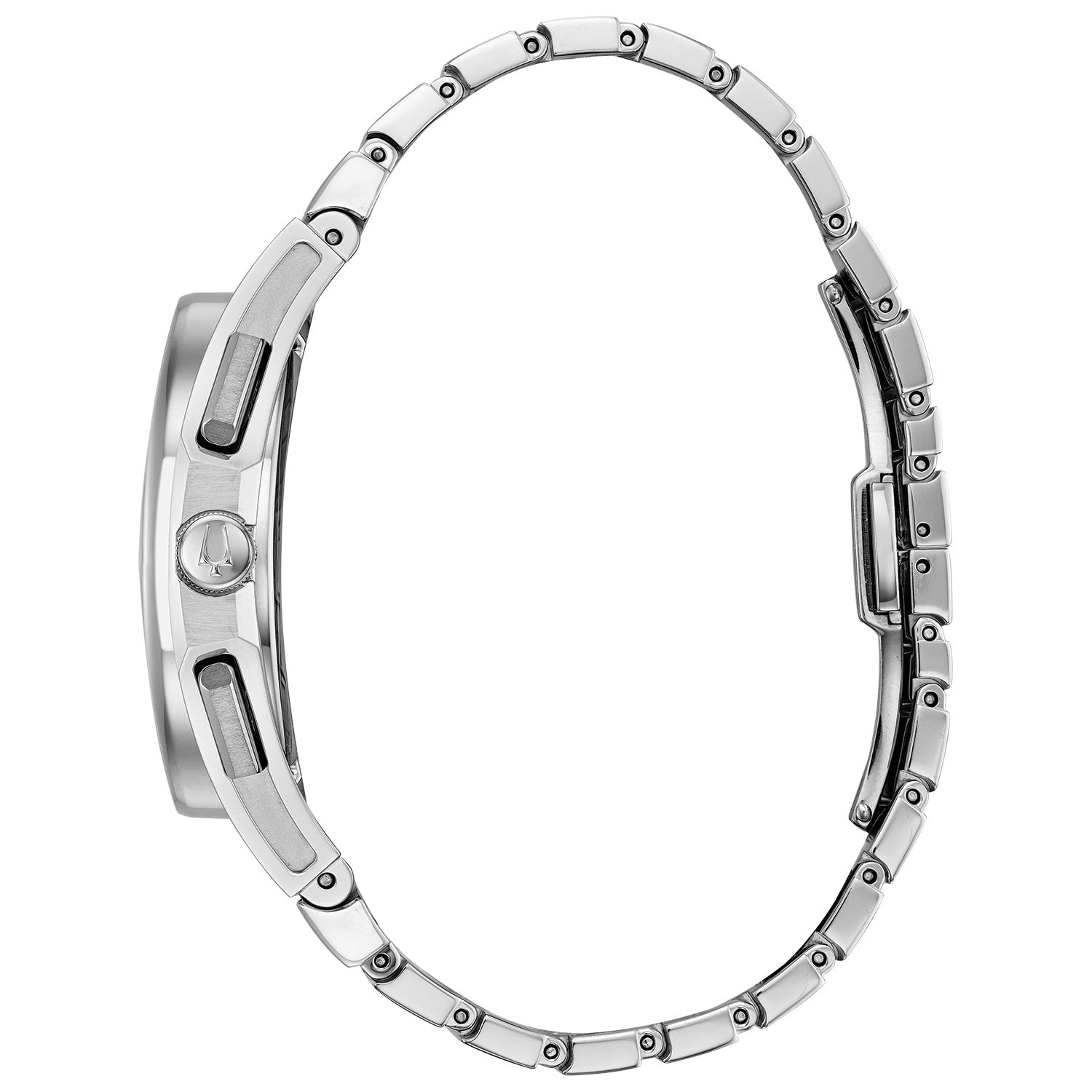 Side profile of Bulova 96A205, showcasing the curved case design and stainless steel bracelet.