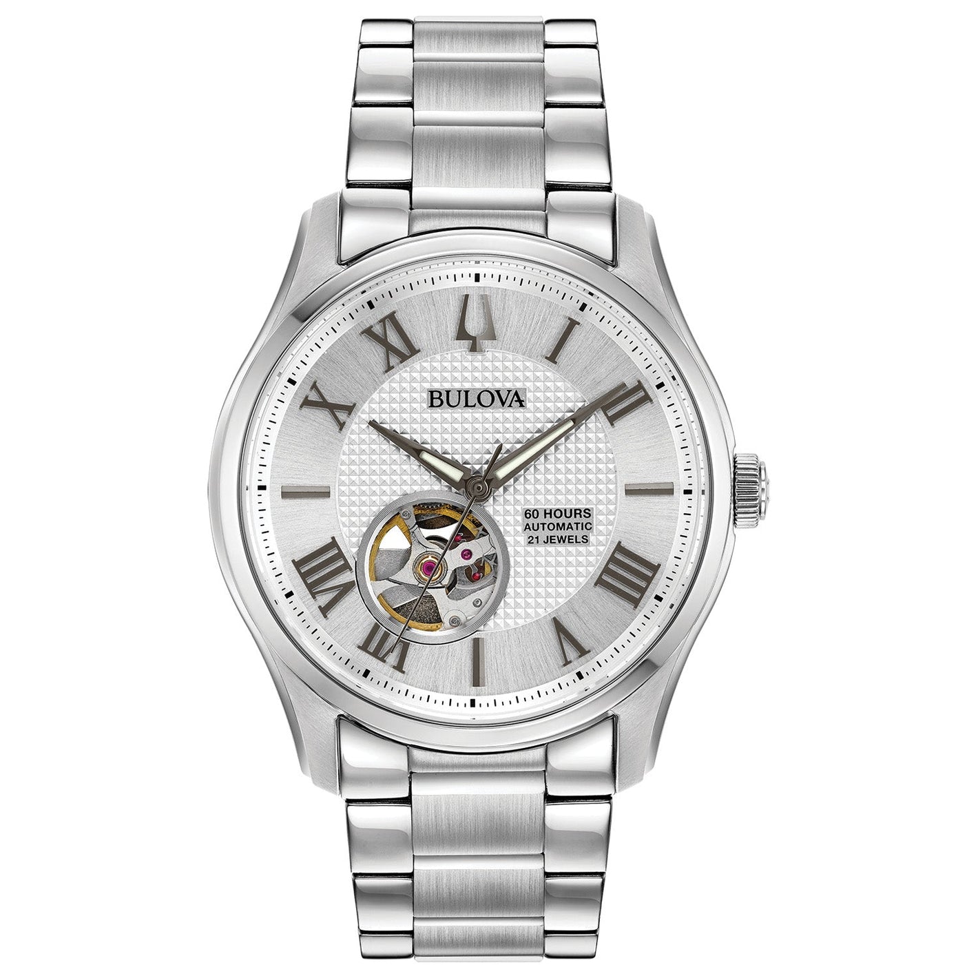 Bulova Wilton Automatic 96A207 men's watch with a textured silver-tone dial, blue Roman numeral hour markers, open-heart aperture, and a stainless steel bracelet—front view.