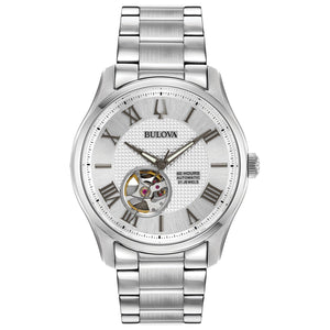 Bulova Wilton Automatic 96A207 men's watch with a textured silver-tone dial, blue Roman numeral hour markers, open-heart aperture, and a stainless steel bracelet—front view.