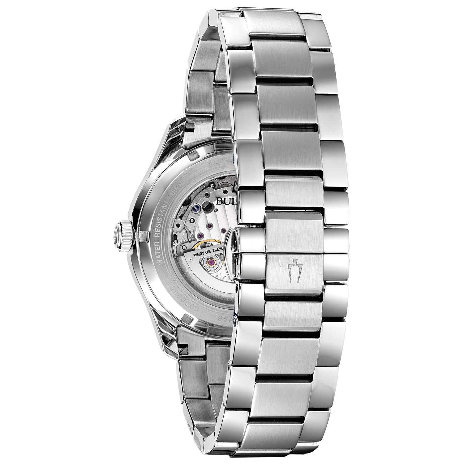 Back view of the Bulova Wilton 96A207, showcasing the exhibition case back that reveals the automatic movement and engraved Bulova branding.