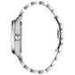 Side profile of the Bulova 96A207, highlighting the domed sapphire crystal, blue anti-reflective coating, and the intricate design of the stainless steel bracelet with push-button deployant clasp.