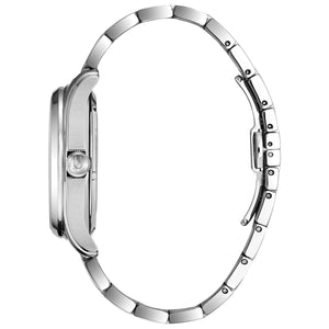 Side profile of the Bulova 96A207, highlighting the domed sapphire crystal, blue anti-reflective coating, and the intricate design of the stainless steel bracelet with push-button deployant clasp.
