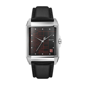 Front view of the Bulova 96A223 showcasing the black dial with red geometric 'December Gifts' design and rectangular stainless steel case.
