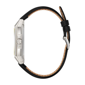 Side profile of the Bulova 96A223 highlighting the sleek stainless steel case and black leather strap.
