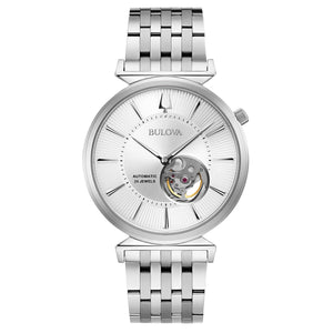  Bulova Regatta 96A235 men's stainless steel watch with open aperture silver-white dial, showcasing the self-winding movement—front view.