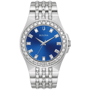 Bulova 96A254 Men's Crystal Phantom watch featuring a bold blue dial and stainless steel bracelet adorned with crystals—front view.