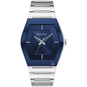 Bulova 96A258 men's stainless steel watch with blue dial and asymmetrical tonneau-shaped case—front view.