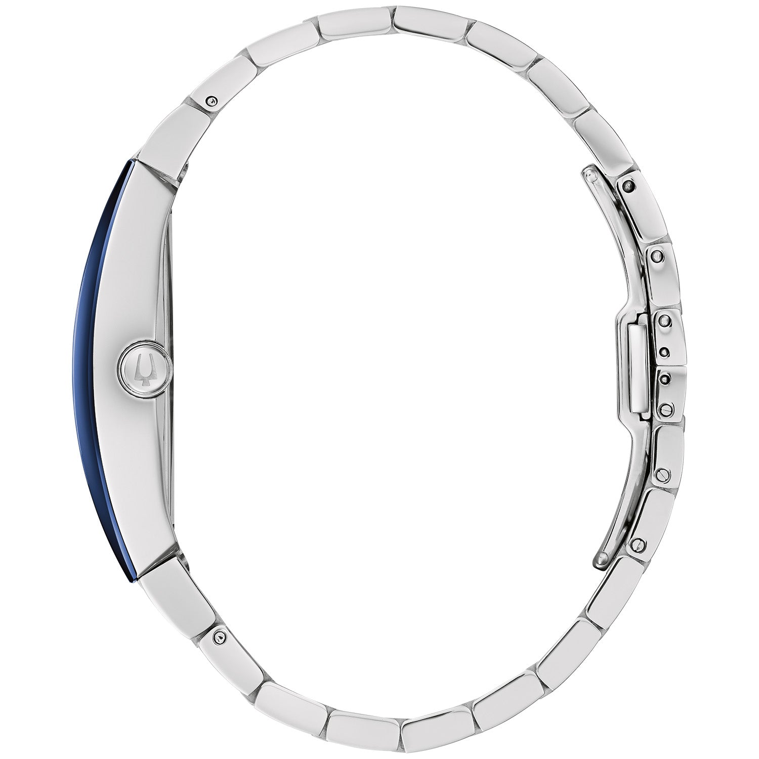 Side profile of Bulova 96A258 showcasing the sleek stainless steel case and curved mineral crystal.