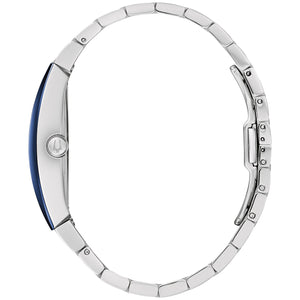 Side profile of Bulova 96A258 showcasing the sleek stainless steel case and curved mineral crystal.