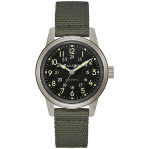 Bulova Hack Automatic Military Watch 96A259 with a black dial, luminescent markers, and black NATO leather strap – front view.