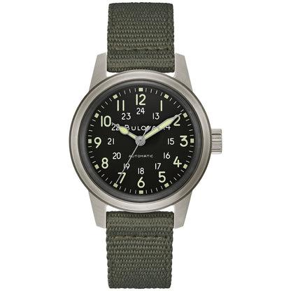  Bulova Hack Automatic Military Watch 96A259 with a black dial, luminescent markers, and black NATO leather strap – front view.