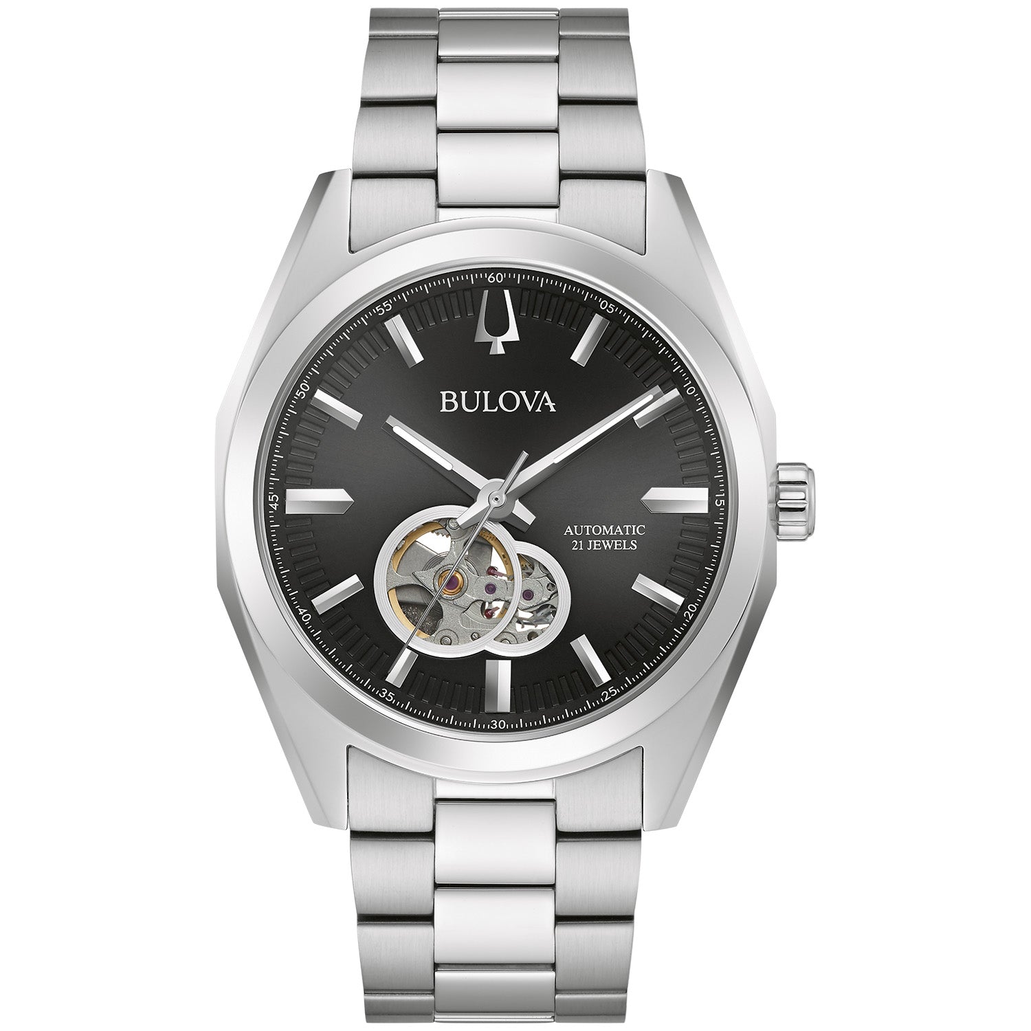 Bulova Surveyor Automatic 96A270 men's watch with a black open heart dial, luminous silver-tone hands, and a stainless steel bracelet—front view.