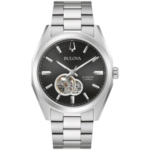Bulova Surveyor Automatic 96A270 men's watch with a black open heart dial, luminous silver-tone hands, and a stainless steel bracelet—front view.