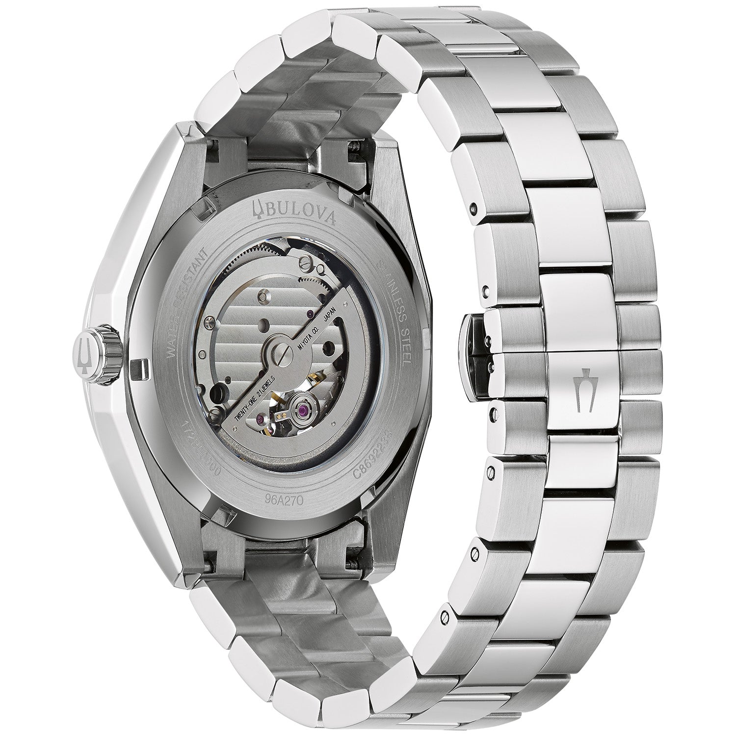 Back view of the Bulova Surveyor 96A270, showcasing the exhibition case back that reveals the automatic movement and engraved Bulova branding.