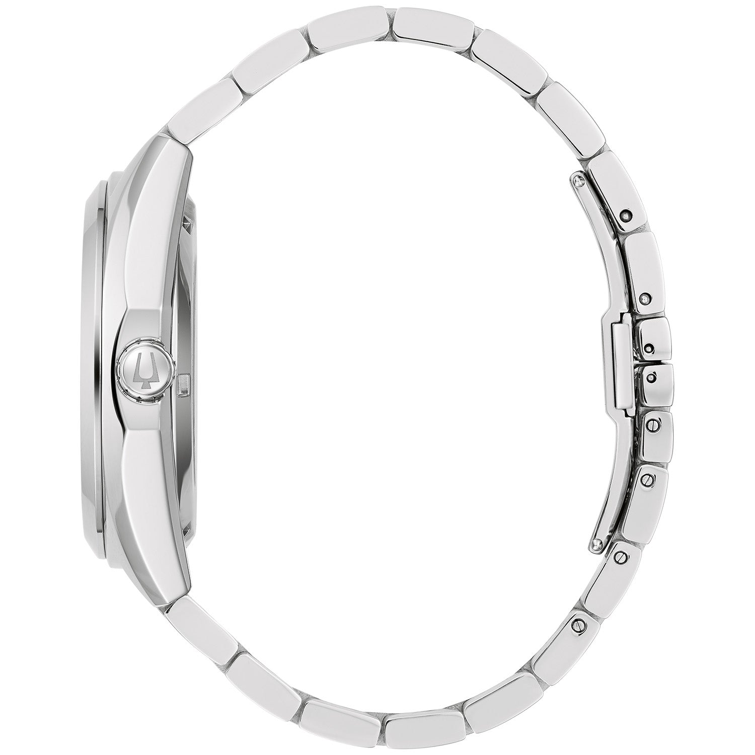 Side profile of the Bulova 96A270, highlighting the polished and brushed finishes of the stainless steel case and the sleek design of the bracelet.