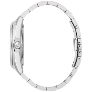 Side profile of the Bulova 96A270, highlighting the polished and brushed finishes of the stainless steel case and the sleek design of the bracelet.