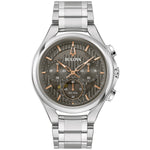 Bulova 96A298 CURV Chronograph watch featuring a silver-tone stainless steel case and gray dial with rose gold-tone accents—front view.
