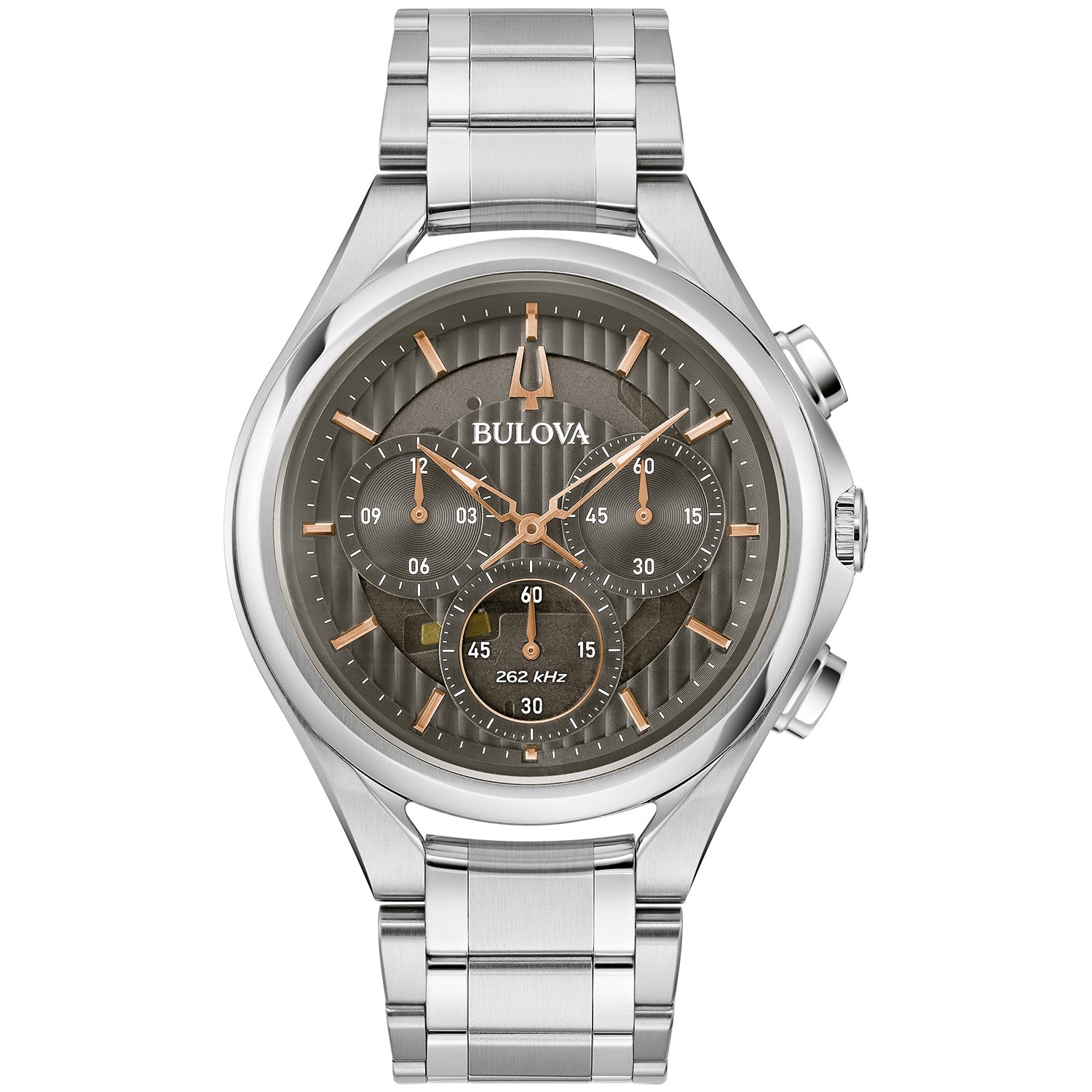 Bulova 96A298 CURV Chronograph watch featuring a silver-tone stainless steel case and gray dial with rose gold-tone accents—front view.