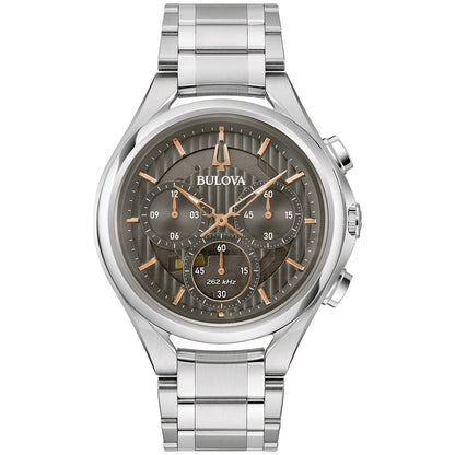 Bulova 96A298 CURV Chronograph watch featuring a silver-tone stainless steel case and gray dial with rose gold-tone accents—front view.