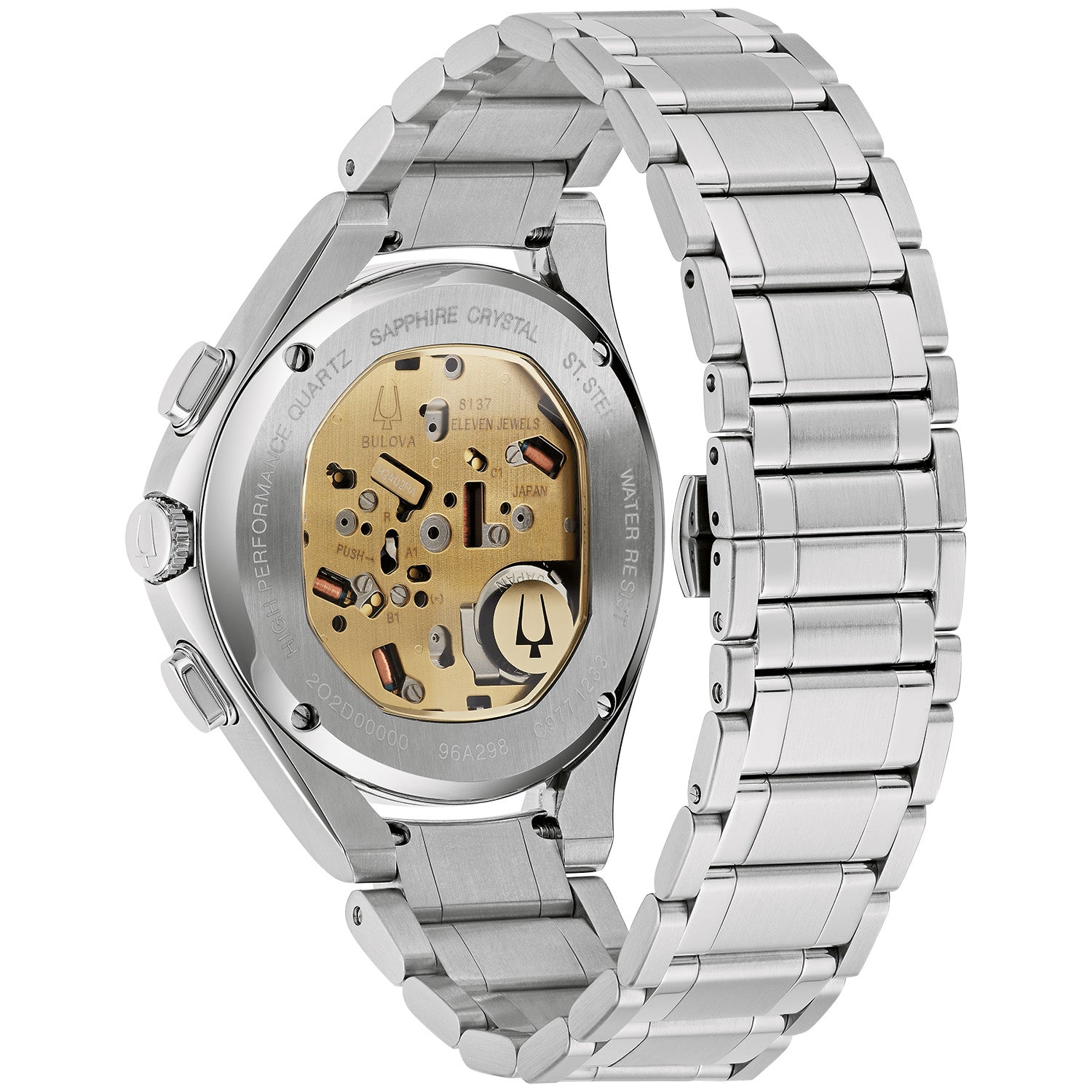  Back view of Bulova 96A298, highlighting the exhibition case back revealing the intricate movement.