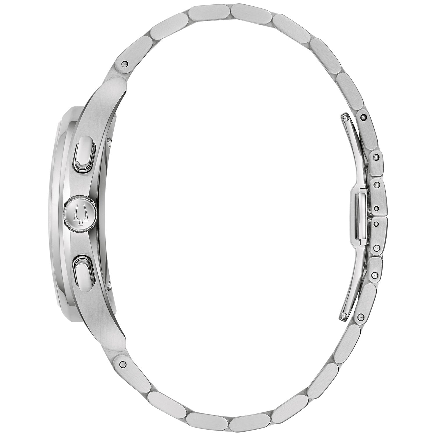 Side profile of Bulova 96A298, showcasing the curved case design and stainless steel bracelet.