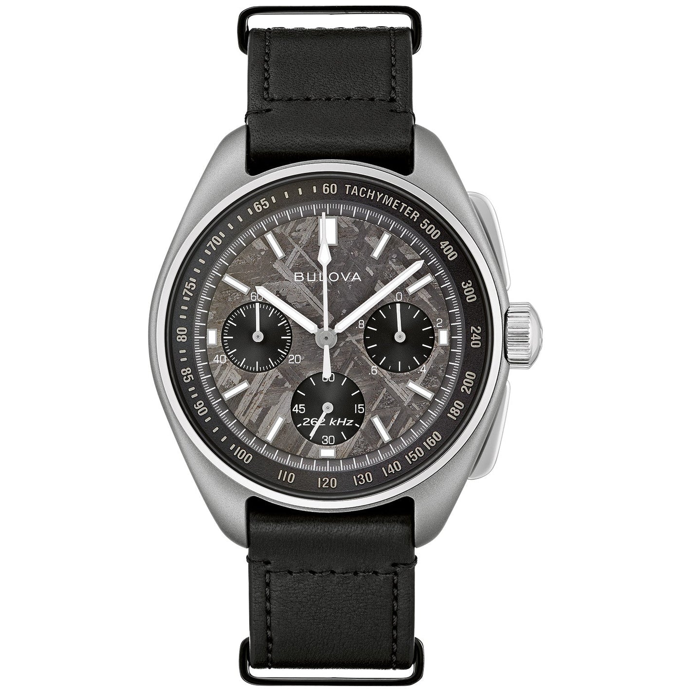 Bulova Lunar Pilot Meteorite Chronograph 96A312 featuring a unique meteorite dial, titanium case, and black leather NATO strap—front view.