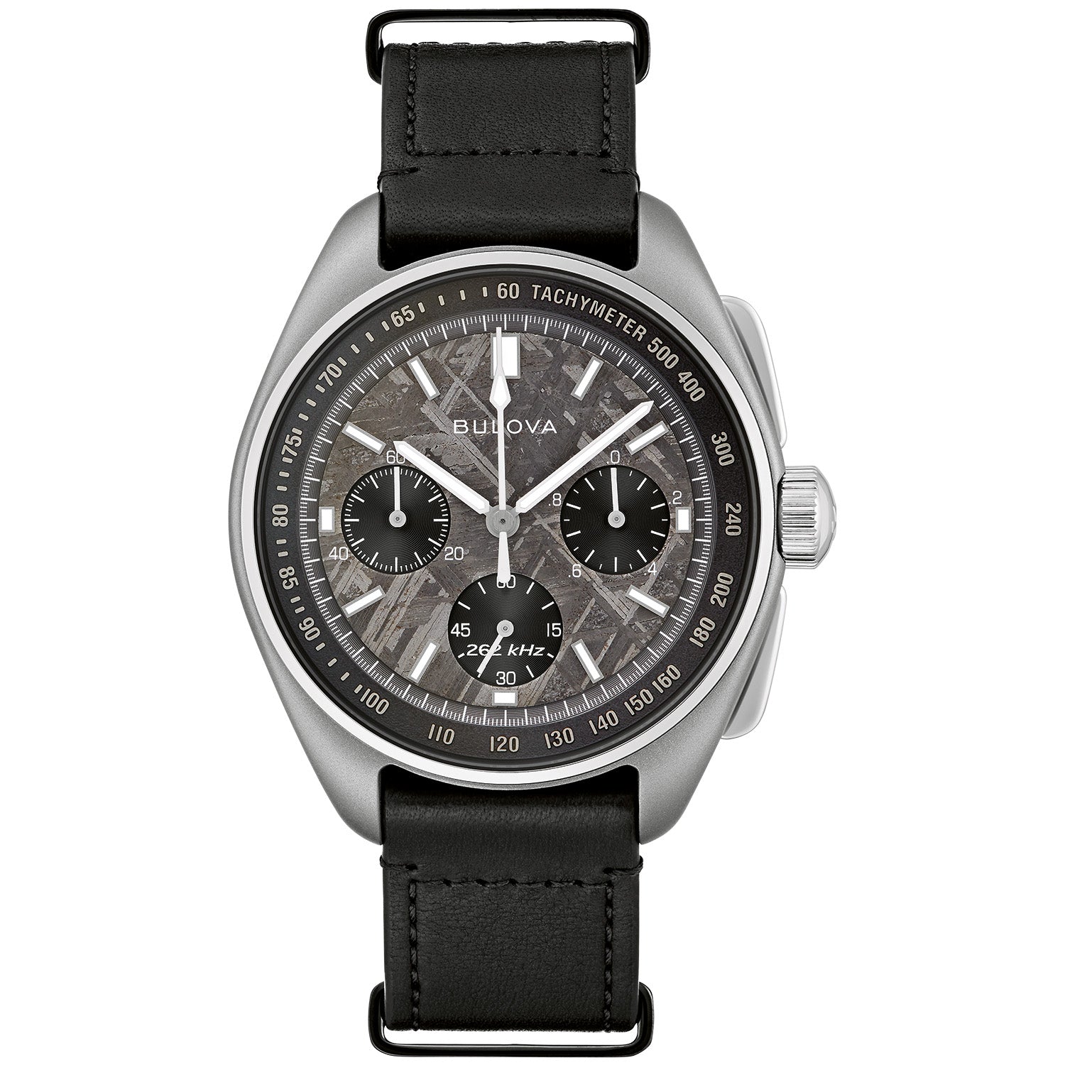Bulova Lunar Pilot Meteorite Chronograph 96A312 featuring a unique meteorite dial, titanium case, and black leather NATO strap—front view.