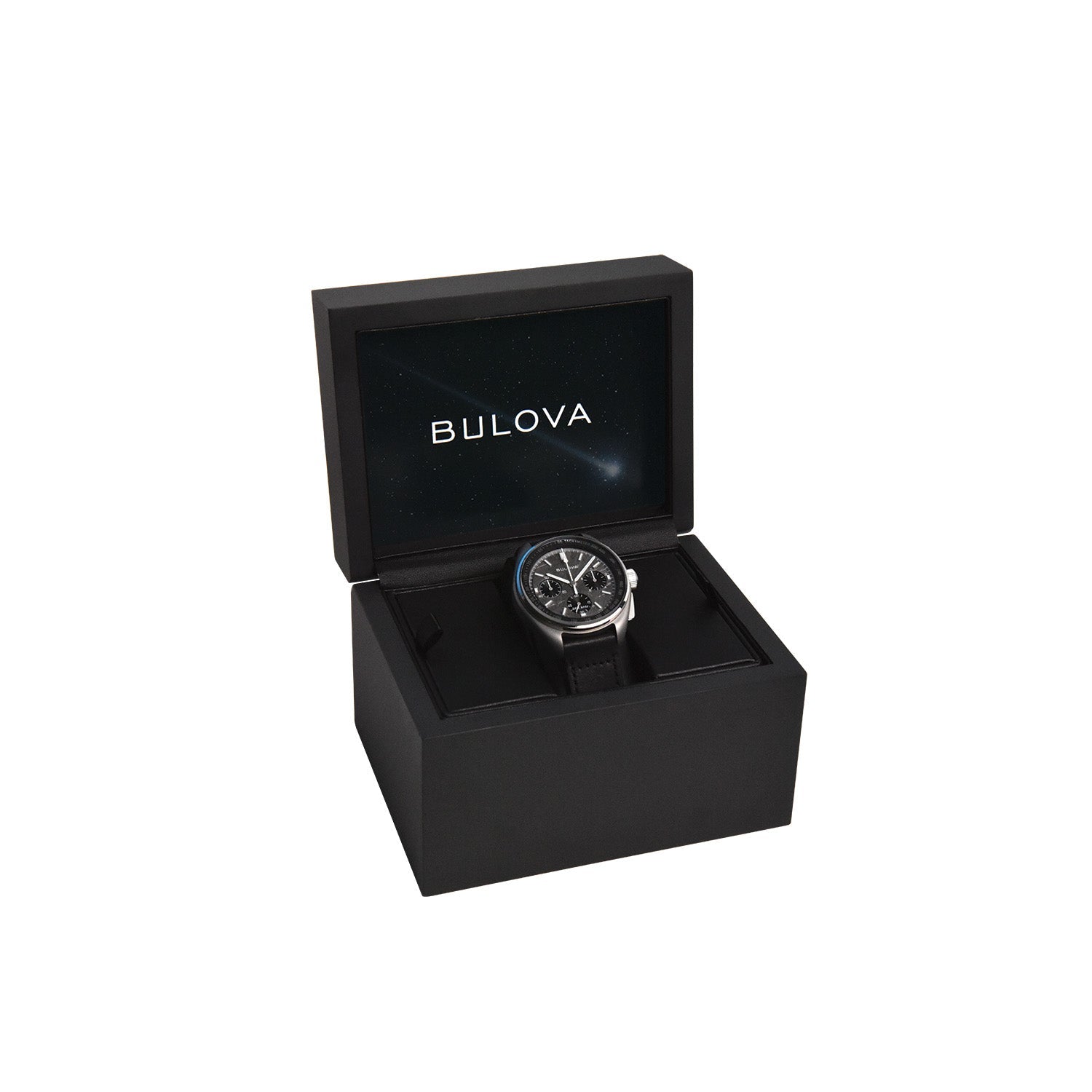 Bulova 96A312 presented in its special edition dark wood box with accompanying storybook and limited-edition certificate