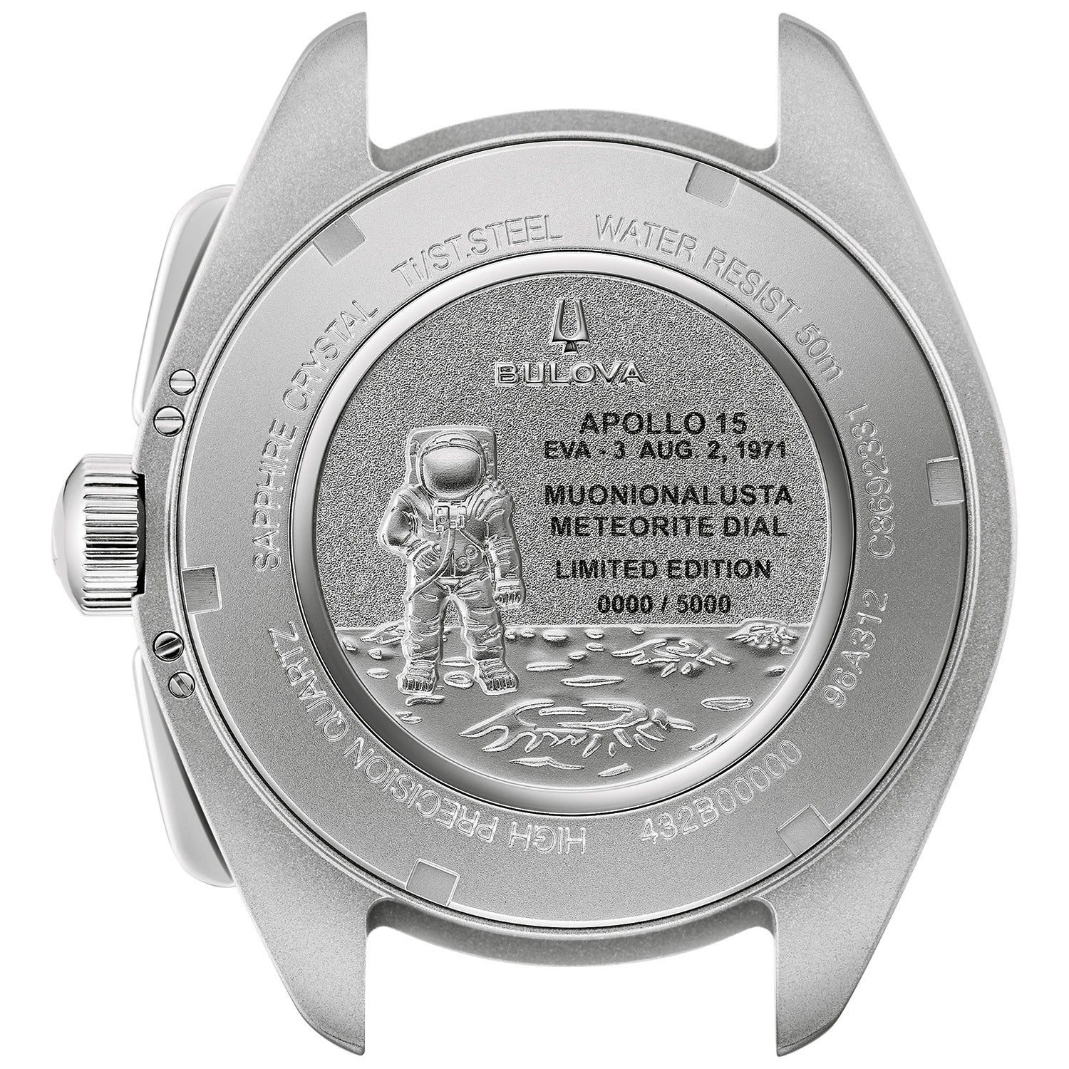 Rear view of the Bulova Lunar Pilot 96A312 highlighting the engraved case back with limited-edition numbering.