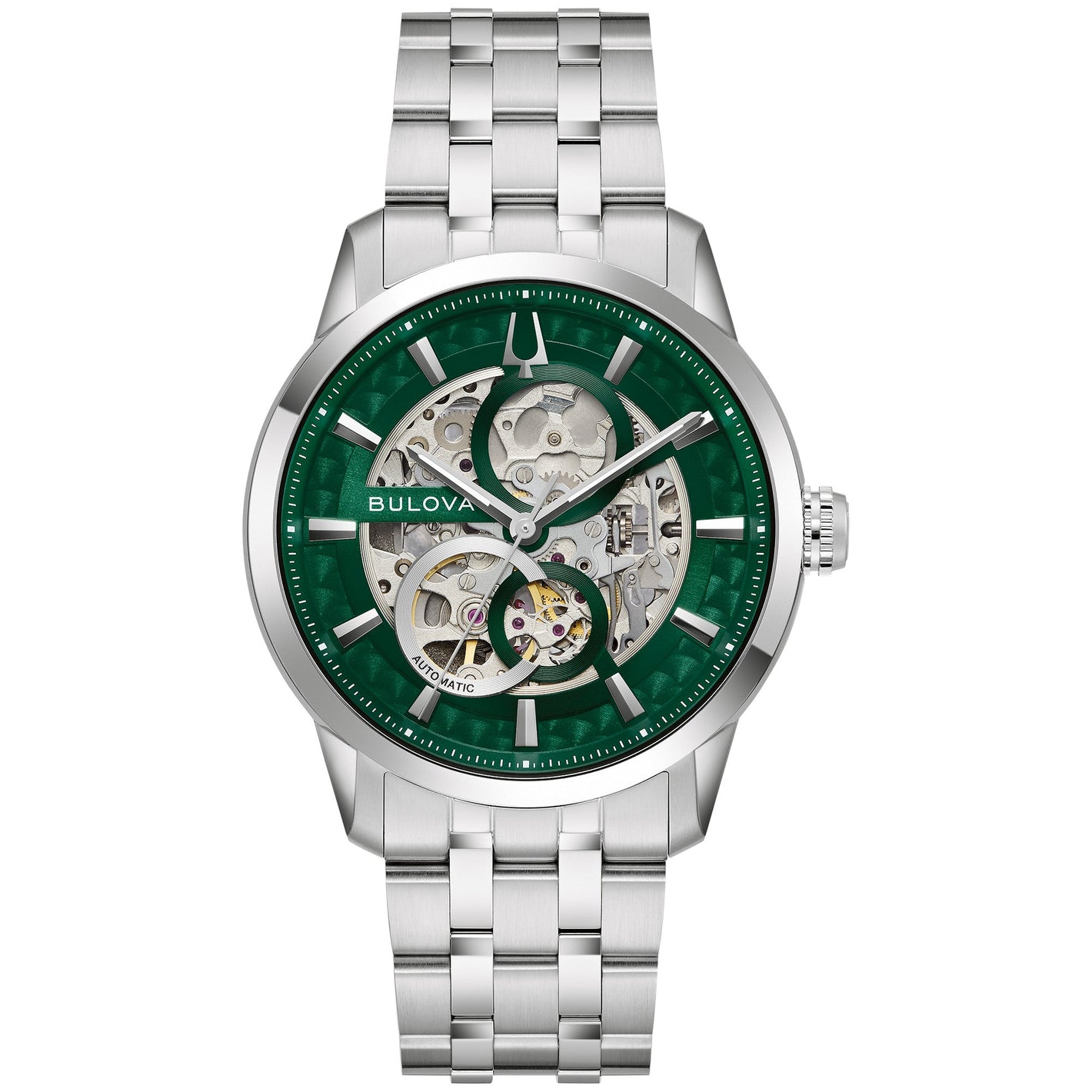 Bulova 96A329 front view with green skeleton dial and polished stainless-steel case showing applied indices and luminous hands.